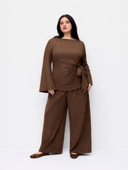 Boat Neck Textured Side Knotted Ruched Top Curve & Plus