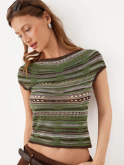 Knit Striped Pointelle Off-Shoulder Short Sleeve Top