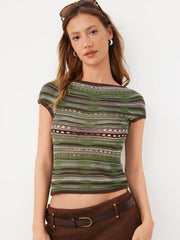 Knit Striped Pointelle Off-Shoulder Short Sleeve Top