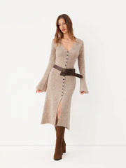 Knit V-Neck Button Front Bell Sleeve Midi Dress