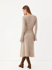 Knit V-Neck Button Front Bell Sleeve Midi Dress