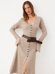 Knit V-Neck Button Front Bell Sleeve Midi Dress