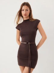 Knit Stand Collar Straight Mini Dress With Belt