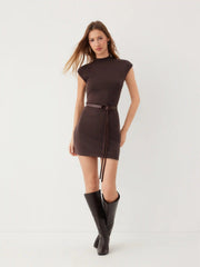 Knit Stand Collar Straight Mini Dress With Belt