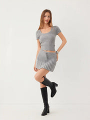 Knit Mid Rise Knotted Pleated Mini Skirt