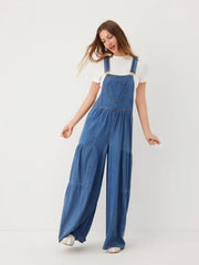 Washed Denim Wide Leg Overalls With Metal Detail