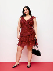 Cherry Ruched Ruffle Hem Tiered Mini Dress Curve & Plus