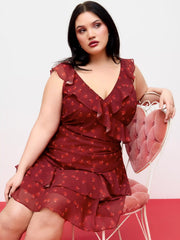 Cherry Ruched Ruffle Hem Tiered Mini Dress Curve & Plus