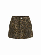 Washed Stretch Denim Leopard High Rise Micro Skort