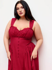 Cotton-blend U-neckline Ruffled Lace Up Flared Maxi Dress Curve & Plus