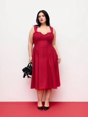 Cotton-blend U-neckline Ruffled Lace Up Flared Maxi Dress Curve & Plus
