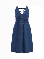 Cider Denim V-neck Button Knotted A-line Midi Dress Curve & Plus