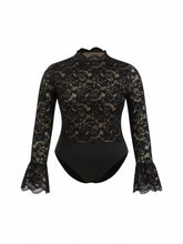 Floral Lace Stand Collar Ruffle Long Sleeve Bodysuit Curve & Plus