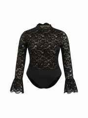Floral Lace Stand Collar Ruffle Long Sleeve Bodysuit Curve & Plus