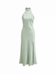 Satin Halter Neck Wrap High Rise Mermaid Maxi Dress