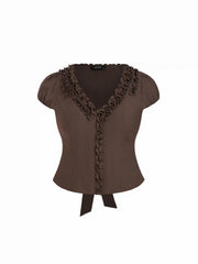 V-Neck Puff Sleeve Bowknot Ruffle Blouse Curve & Plus