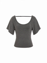 Viscose Scoop Neck Backless Short Sleeve Top