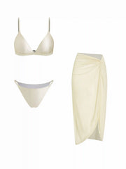 V-neck Solid Triangle Bikini Set With Sarong