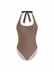 High Stretch Halter Neck Contrast Trim One-piece Swimsuit