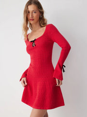 Knit Square Neck Bell Sleeve Bowknot Mini Dress