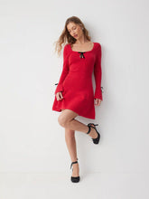 Knit Square Neck Bell Sleeve Bowknot Mini Dress