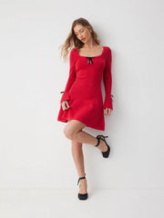 Knit Square Neck Bell Sleeve Bowknot Mini Dress