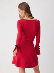 Knit Square Neck Bell Sleeve Bowknot Mini Dress