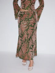 Floral High Rise Ruched Mermaid Maxi Skirt