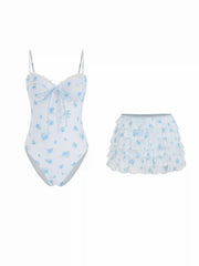 Shaping Floral Sweetheart Lace Trim Ruched Slim One-piece Swimsuit With Ruffle Skirt