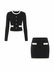 Knit Contrasting Trim Button Front Cardigan & Low Rise Bodycon Skirt Set