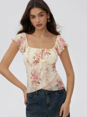 Chiffon Floral Square Neck Twist Knotted Ruffle Sleeve Crop Top