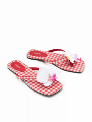 FLOWER & GINGHAM SQUARE TOE FLIP-FLOP SLIPPERS