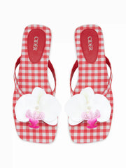 FLOWER & GINGHAM SQUARE TOE FLIP-FLOP SLIPPERS