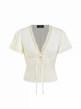 Lace Trim V-Neck Drawstring Short Sleeve Blouse