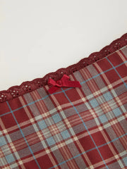 Cotton Plaid Blouse & Lace Trim Bowknot Mini Skirt Set Curve & Plus