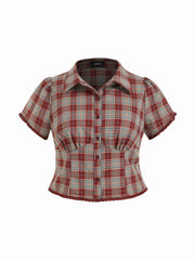 Cotton Plaid Blouse & Lace Trim Bowknot Mini Skirt Set Curve & Plus