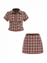 Cotton Plaid Blouse & Lace Trim Bowknot Mini Skirt Set Curve & Plus