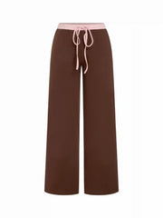 Cotton-blend V-neck Two Tone Top & Mid Rise Drawstring Straight Leg Trousers Set