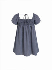 Cotton-blend Square Neck Plaid Puff Sleeve Smock Mini Dress Curve & Plus