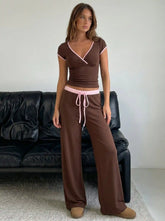 Cotton-blend V-neck Two Tone Top & Mid Rise Drawstring Straight Leg Trousers Set