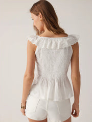 Cotton-blend Square Neck See-Through Broderie Anglaise Button Blouse