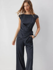 Collarless Striped Asymmetrical Hem Knotted Jumpsuit