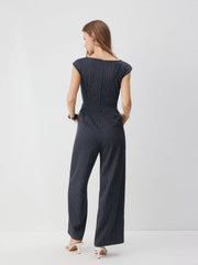 Collarless Striped Asymmetrical Hem Knotted Jumpsuit