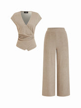 V-neck Asymmetrical Hem Metal Detail Ruched Top & Mid Rise Straight Leg Trousers Set