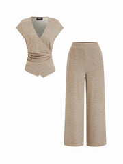 V-neck Asymmetrical Hem Metal Detail Ruched Top & Mid Rise Straight Leg Trousers Set