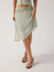 Chiffon Low Rise Floral Embroidery Asymmetrical Midi Skirt