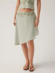 Chiffon Low Rise Floral Embroidery Asymmetrical Midi Skirt