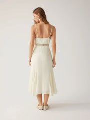 V-neck Lace Panel A-line Cami Midi Dress
