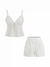 V-neck Ruffled Knotted Cami Top & Mid Rise Polka Dot Shorts Loungewear Set