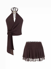 Chiffon Halter Neck Ruched Top & Mid Rise Lace Panel A-line Mini Skirt Set